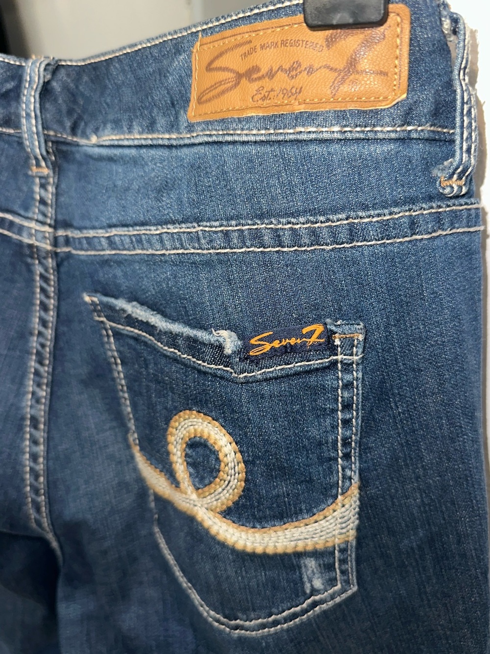 Seven7 Women’s Dark Blue Straight cropped Leg Jeans with Tan Embroidery